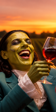 Brindis monstruoso en el viñedo al atardecer