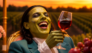 Brindis monstruoso en el viñedo al atardecer