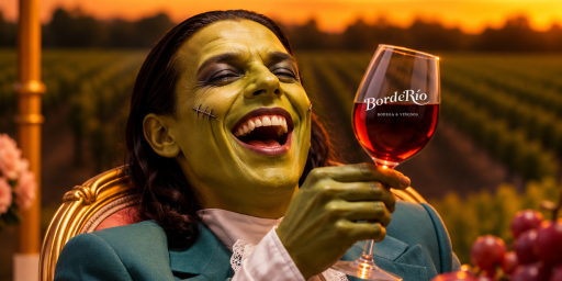 Brindis monstruoso en el viñedo al atardecer